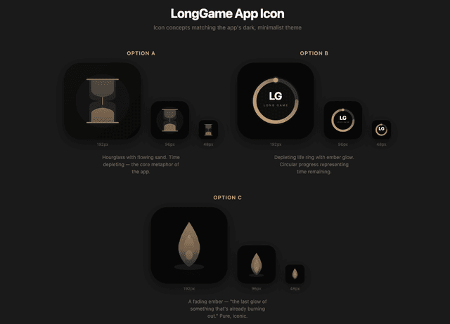 App icon design concepts — hourglass, life ring, and fading ember