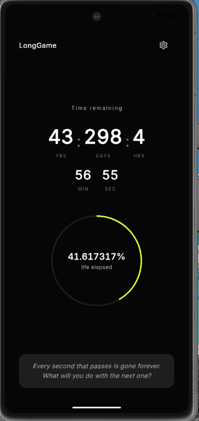 Life countdown timer showing years, days, hours remaining with circular progress
